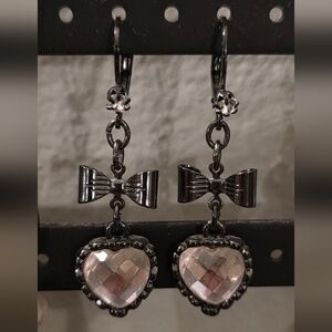 Gunmetal Pink Faceted Heart & Bow Earrings with Mirror Back